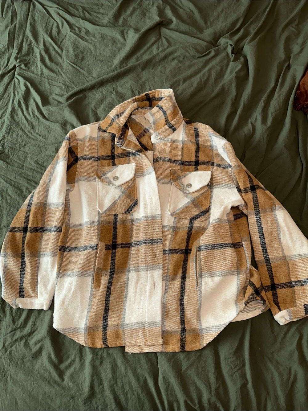 Beige & White Plaid Button-Up Shacket